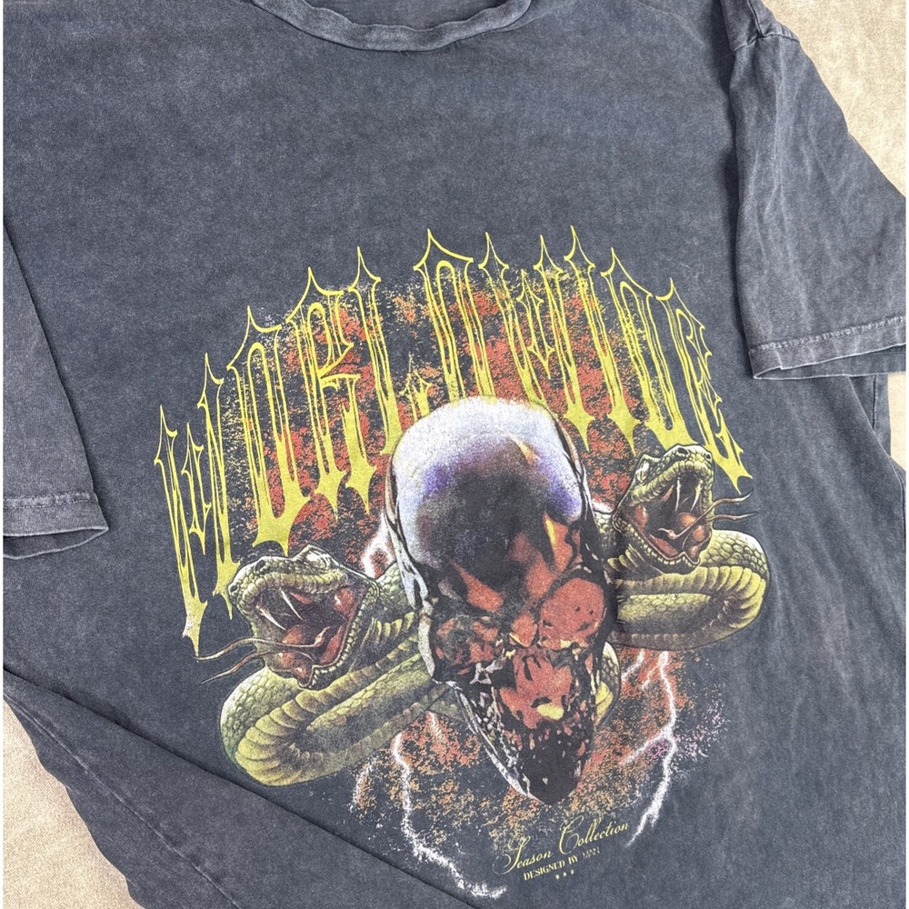 Boohoo Man Shirt Worldwide Acid Wash Skull Cobra Snake Graphic Tee Men Sz‎ L